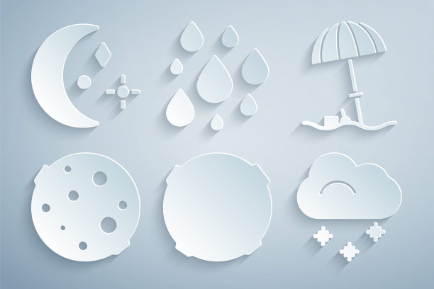 设置月亮，太阳保护伞为海滩，云与雪，水滴和和星星的图标。向量图片下载