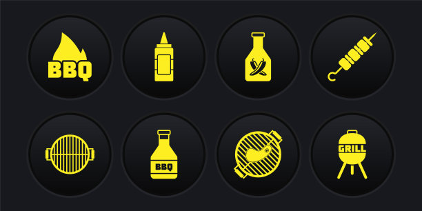 设置烧烤架，烤羊肉串，番茄酱瓶，牛排，芥末，火火焰图标。向量图片下载