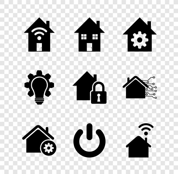 设置智能家居wi-fi，房子，设置，电源按钮，灯泡和齿轮和保护图标。向量图片下载