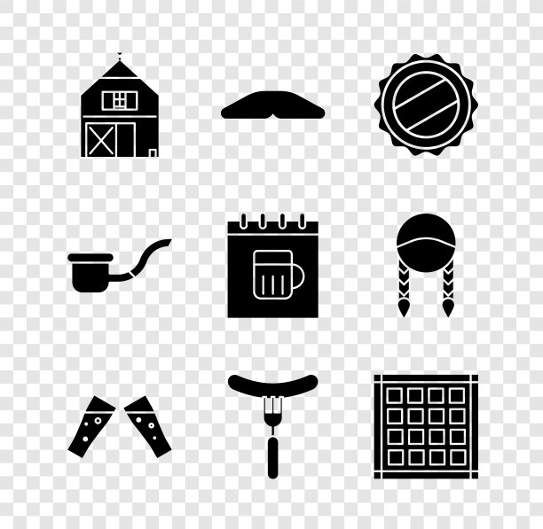设置农场房子，自制馅饼，瓶盖，啤酒，香肠叉子，格子餐巾，抽烟斗和圣帕特里克日日历图标。向量图片下载