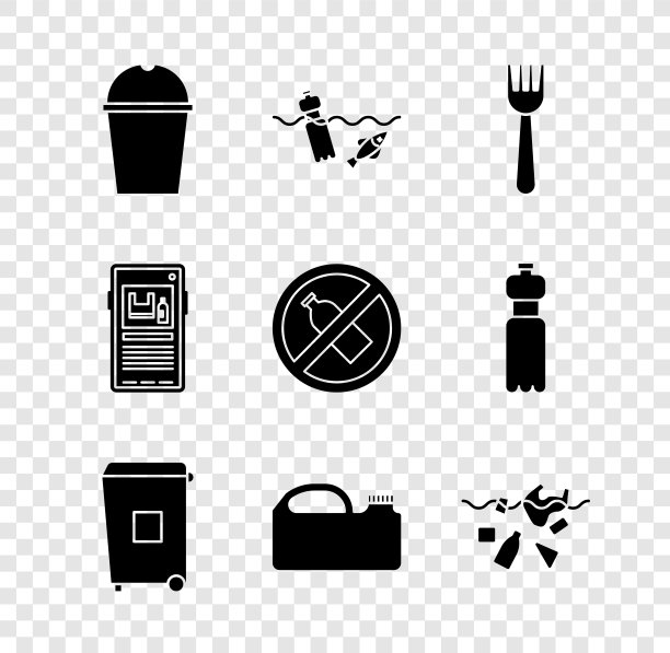 设置纸玻璃水，海洋污染问题，一次性塑料叉，垃圾桶，罐式机油，行星，停止和无瓶图标。向量图片下载