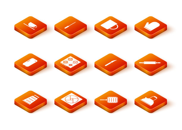 设置刨丝器，通风，冰箱，煤气炉，煎锅，刀，水壶与把手和擀面杖图标。向量图片下载