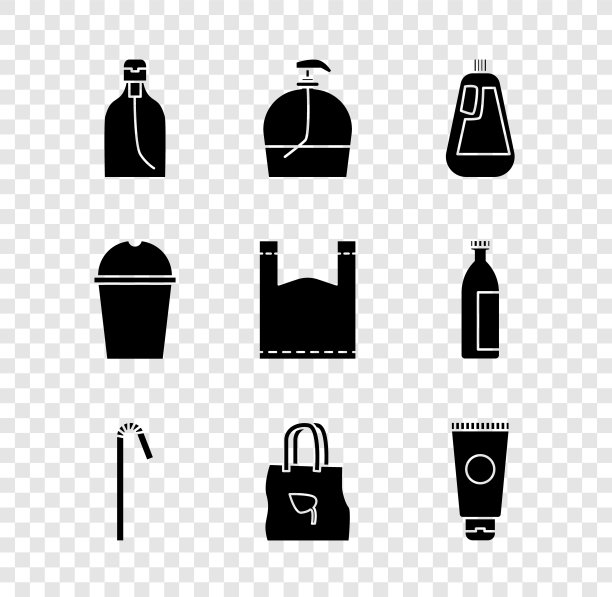 瓶装液体肥皂，用于洗碗，饮用塑料吸管，购物袋回收，膏霜化妆品管，纸玻璃水和塑料图标。向量图片下载