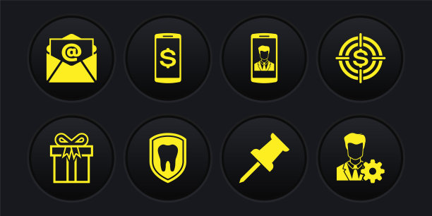 套装礼盒，塔吉特与美元，牙齿保护，推针，智能手机接触和图标。向量图片下载