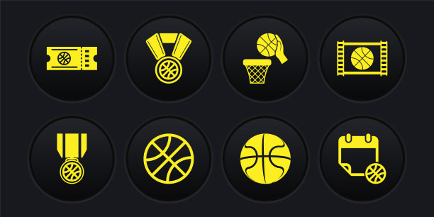 设置篮球奖章，游戏视频，和篮子，在体育日历和票图标。向量图片下载