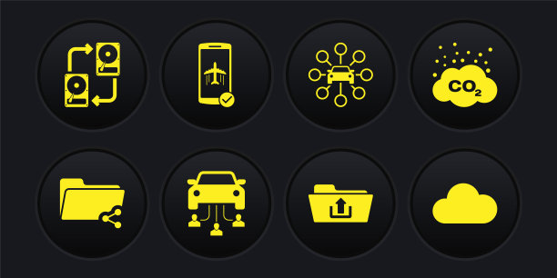 设置“共享文件夹”、“云二氧化碳排放”、“汽车共享”、“文件夹上传”、“飞行模式”等移动图标。向量图片下载