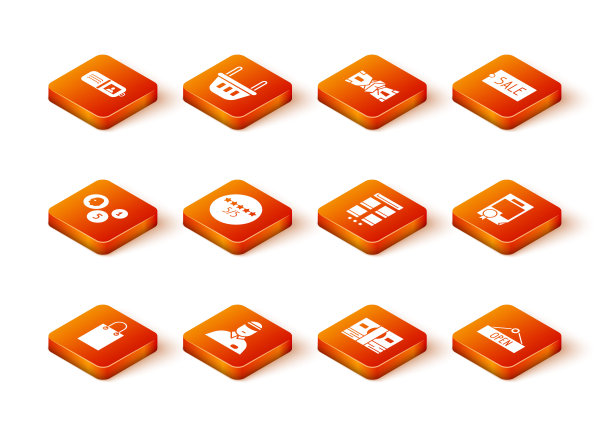 设置纸质购物袋，卖家，硬币钱，消费者或客户产品评级，堆栈纸现金，在线移动，挂标志与开放和证书模板图标。向量图片下载