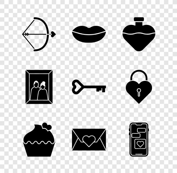 Set Bow and arrow, Smiling lips, Bottle with love potion, Wedding cake heart, Envelope Valentine, Mobile, Picture frame and Key shape icon。向量图片下载