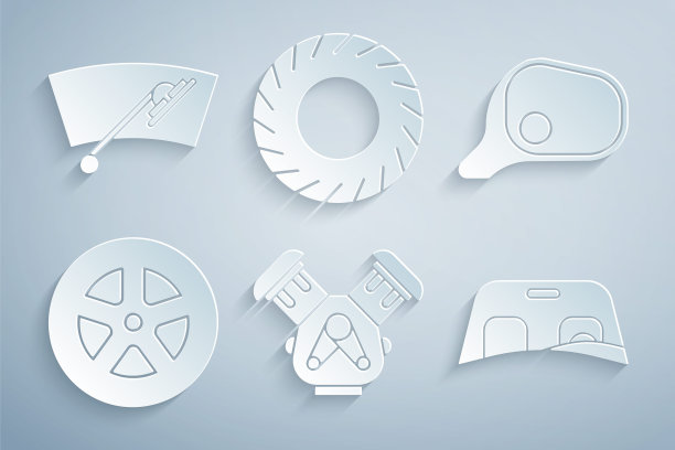 设置汽车引擎，镜子，车轮，挡风玻璃，轮胎和挡风玻璃刮水器图标。向量图片下载