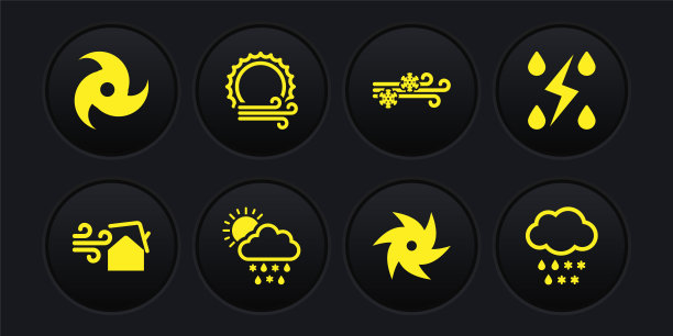设置龙卷风漩涡，风暴，云与雪，雨，太阳，风和，和图标。向量图片下载
