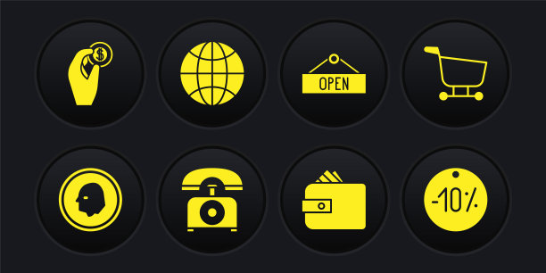 设置硬币钱，购物车，电话，钱包与纸现金，悬挂标志开放，世界各地，百分之十的折扣标签和手握硬币图标。向量图片下载