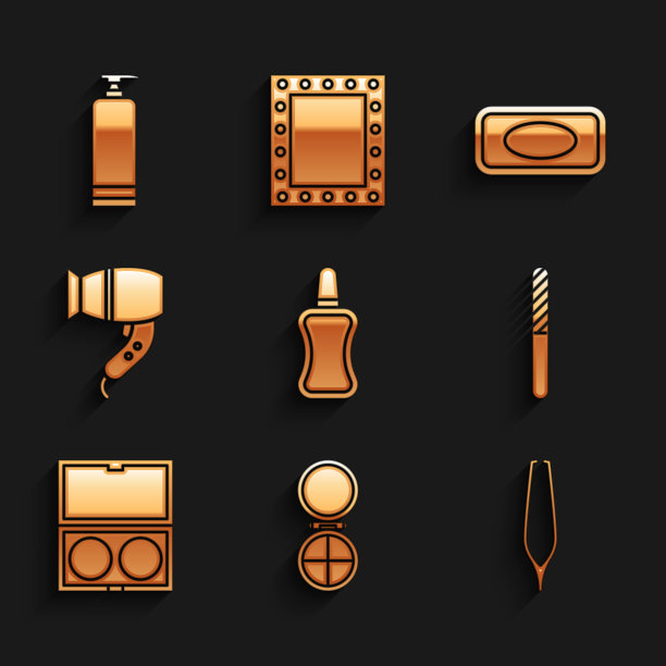 设置指甲油瓶，化妆粉与镜子，眉镊子，文件，吹风机，肥皂和霜化妆品管图标。向量图片下载