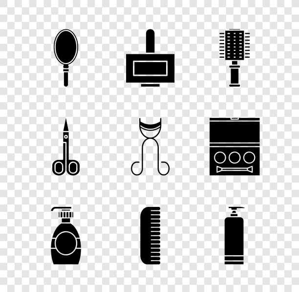 设置手镜，指甲油瓶，发刷，液体肥皂瓶，膏霜化妆品管，剪刀和睫毛夹图标。向量图片下载