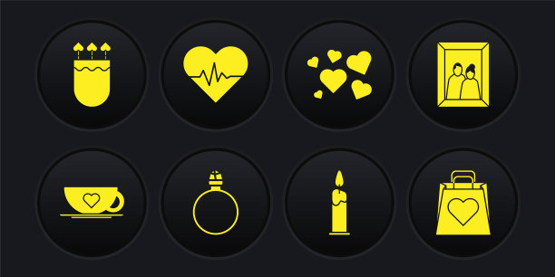 设置咖啡杯和心，相框，钻石订婚戒指，燃烧的蜡烛，心，率，购物袋和箭袋图标。向量图片下载