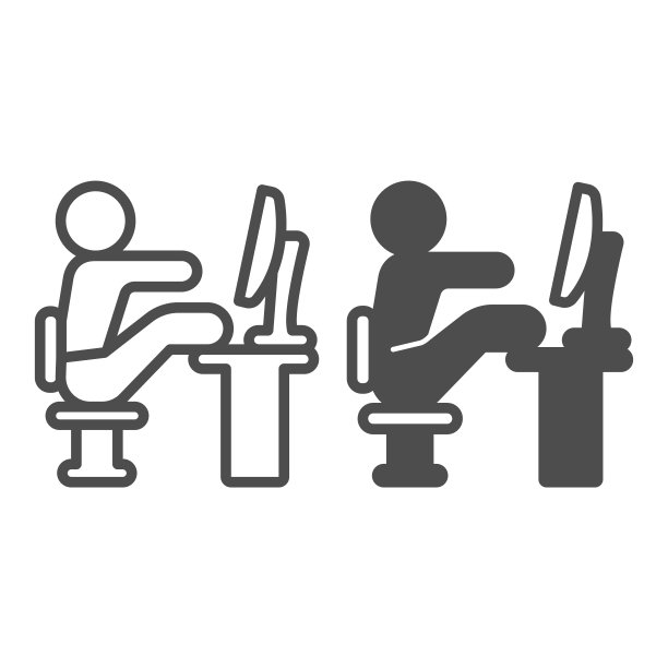 懒惰的员工线和固体图标，办公室综合症的概念，懒惰的人坐在办公桌矢量标志在白色背景上，人与pc轮廓风格的移动概念和网页设计。矢量图形。图片下载