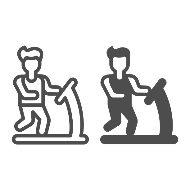 男人在跑步机上跑步线和固体图标，officessyndrome概念，男人使运动矢量标志在白色背景，男人在跑步机上轮廓风格的移动概念和网页设计。矢量图形。图片下载