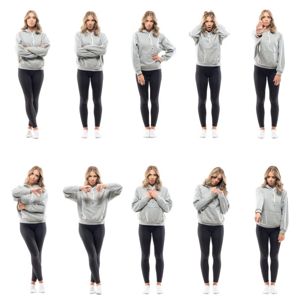 年轻漂亮的女人在舒适的家装与各种消极的表情和手势的拼贴图片下载