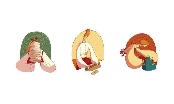 穿着围裙的女人拿着一堆煎饼滚着图片下载