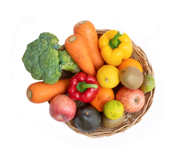 各种色彩鲜艳的新鲜水果和蔬菜放在一个篮子里。生有机健康食品。在杂货店和超市购物。烹饪和食用的产品上隔离白色。维生素。俯视图图片下载