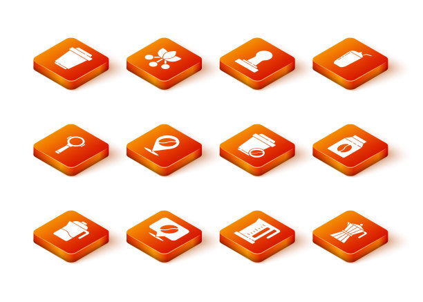 设置法式压滤机，带咖啡豆的位置，咖啡过滤器架，电水壶，带走的杯子，moca壶和袋装豆子图标。向量图片下载