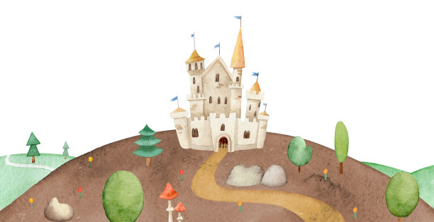 通往山上城堡的美丽童话小径的插图。山上的水彩画城堡，周围有树木、蘑菇和植物。图片下载