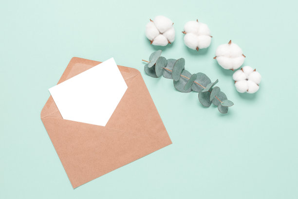 空白卡片模型在棕色信封与棉花花和桉树树枝上的蜡笔薄荷纸背景。文具婚礼模板。俯视图，平躺。图片下载