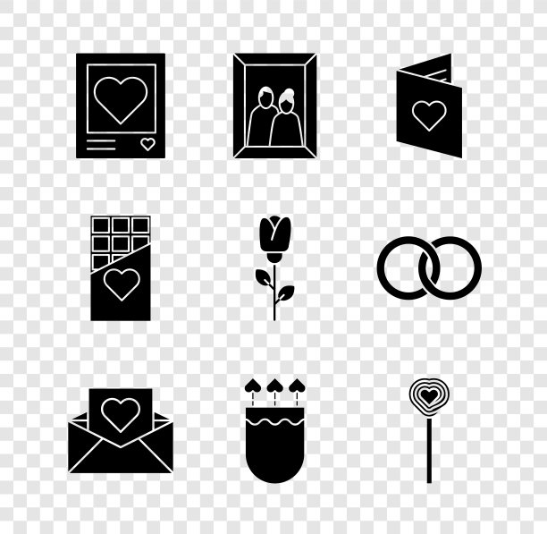 设置相框和心，图片，情人节传单，信封，箭，棒棒糖，巧克力棒和花玫瑰图标。向量图片下载