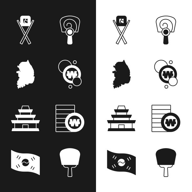 设置韩币，地图，寿司与筷子，手扇，寺庙，旗帜图标。向量图片下载