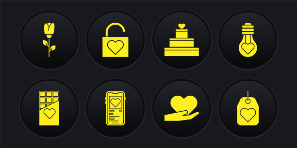 设置巧克力棒，心形灯泡，移动与心，手，婚礼蛋糕，锁，标签和花玫瑰图标。向量图片下载