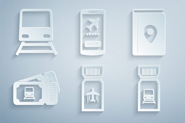 设置机票，封面书旅游指南，火车，移动与图标。向量图片下载
