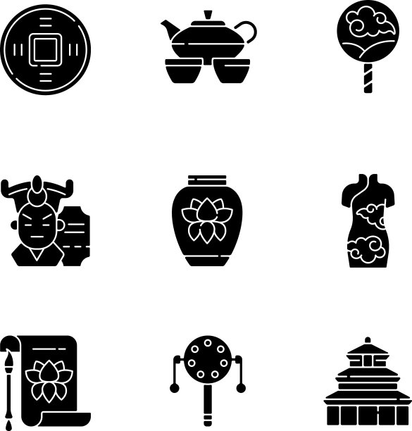 中国传统的黑色象形文字图标设置在白色图片下载