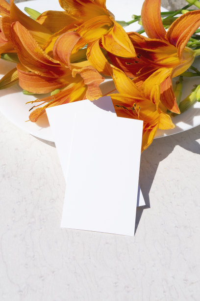 一张白色桌子上放着名片和一束橙百合的模型。长长的影子。俯视图图片下载