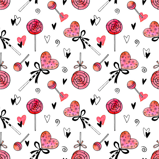 无缝手绘水彩糖果、糖果、棒棒糖、心形图案。假日的背景和纹理。适用于贺卡，包装纸，织物，印刷品，情人节图片下载