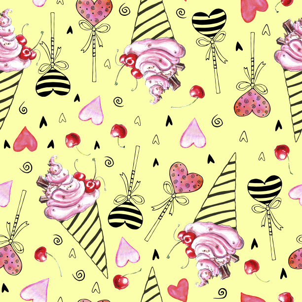 可爱的粉色水彩抽象冰淇淋、棒棒糖和心形无缝图案。手绘明亮的纹理在素描风格。用于包装纸，糖果设计，情人节图片下载