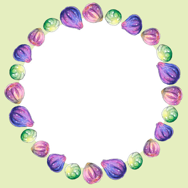 圆形框架，边界水彩无花果。手绘装饰明快，浆果、水果形象，速写风格。用于食品设计、包装图片下载