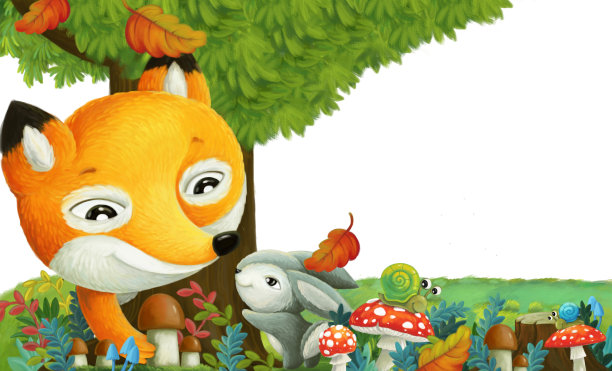 卡通场景与森林动物朋友有乐趣在森林的白色背景插图图片下载
