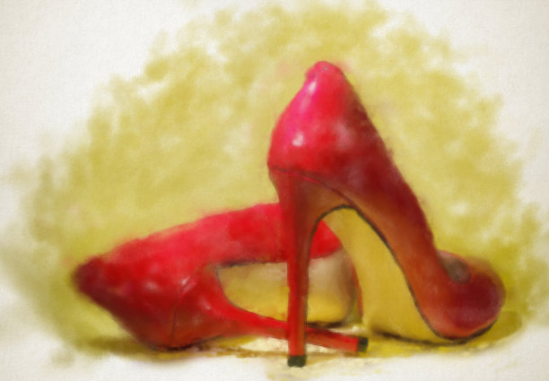 漂亮的漆皮闪亮的女性红色细高跟鞋上的黄色背景绘制的水彩图片下载