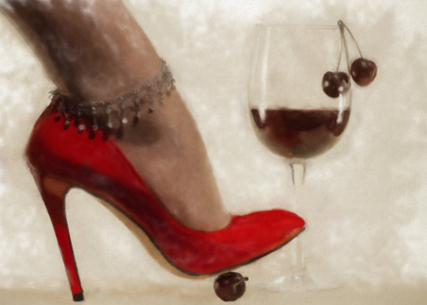 美丽的女性腿在一个高跟红鞋，樱桃和一杯酒画的水彩画图片下载