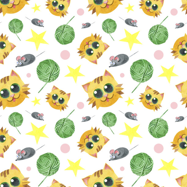 无缝图案有一只有趣的猫，一团线，一只灰色的老鼠。创造性的孩子的纹理。水彩插图上的白色背景。用于织物，纺织品，网站，壁纸，包装。图片下载