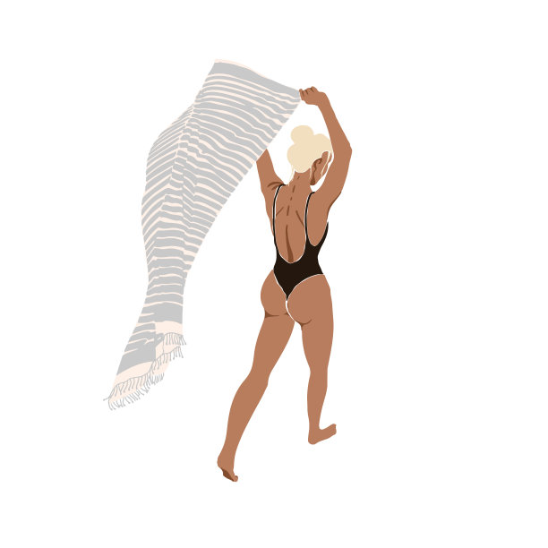 健康的年轻女子在海滩上散步。穿着泳装的女人。金发碧眼的比基尼女孩。抽象的矢量插图。夏季流行的简单图标。Instagram帖子，商业广告，传单设计。图片下载