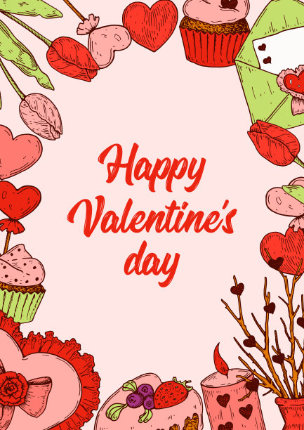 情人节垂直贺卡与手绘元素。矢量图图片下载