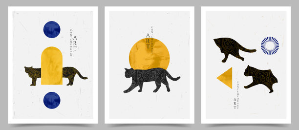 矢量插图。当代抽象室内海报收藏。明信片，书籍封面，杂志，宣传册横幅设计。水彩颜料和猫的剪影。超现实主义的背景图片下载