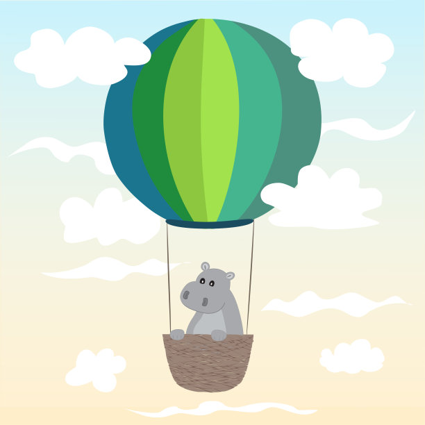 河马正在乘坐热气球飞行。儿童矢量插图，用于儿童用品的装饰。图片下载