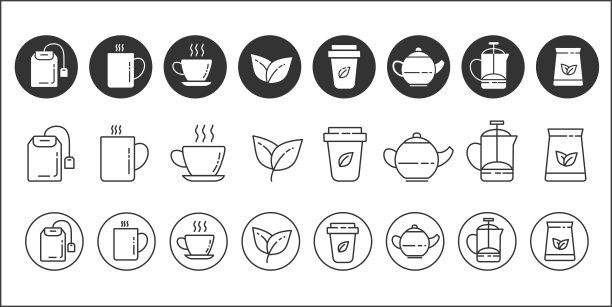 茶的图标。简单的热饮符号集。叶子和杯子。用茶壶泡茶。矢量插图孤立在白色背景。图片下载