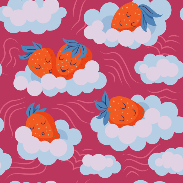 可爱的草莓睡在云上。无缝模式。草莓配生奶油。图片下载