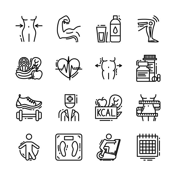 饮食标志黑细线图标设置。向量图片下载