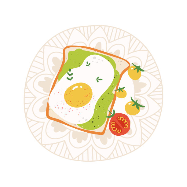 牛油果吐司配煎蛋。平面手绘纹理健康早餐概念。图片下载