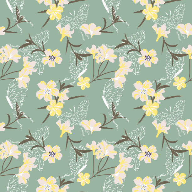 无缝热带模式的白色夹竹桃和蝴蝶在时尚的颜色。图片下载