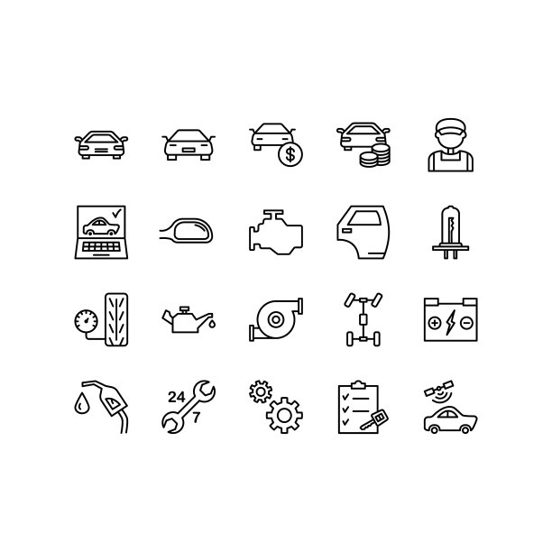 汽车维修服务平面线图标设置。机械师，计算机诊断，工具，轮子，电池，变速器，千斤顶。简单的平面矢量插图商店，网站或手机应用程序图片下载