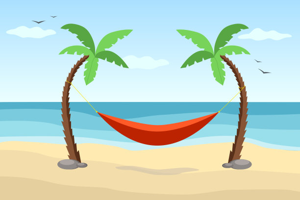 沙滩上棕榈树之间的吊床。平面设计。热带海景。图片下载